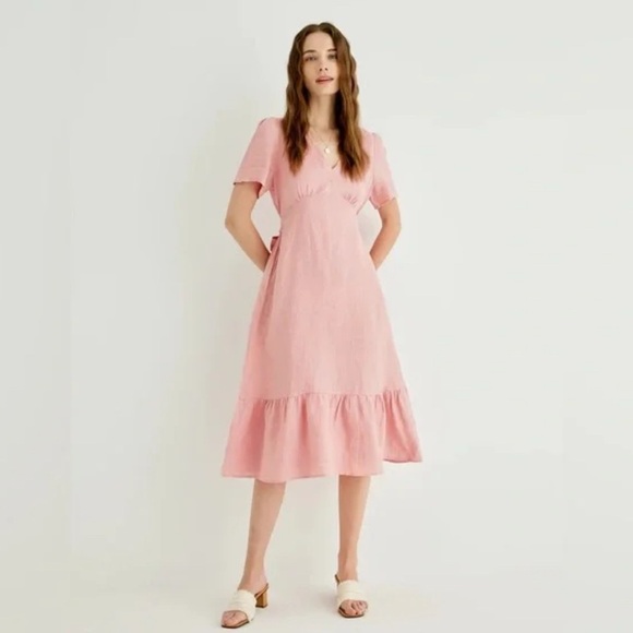 Grae Cove Adelita Midi Dress Sz Small Pink Linen Babydoll Ruffle Soft Feminine - Picture 1 of 10